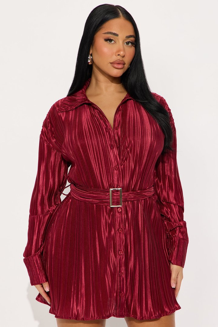 Hot Off The Press Pleated Satin Mini Dress - Wine