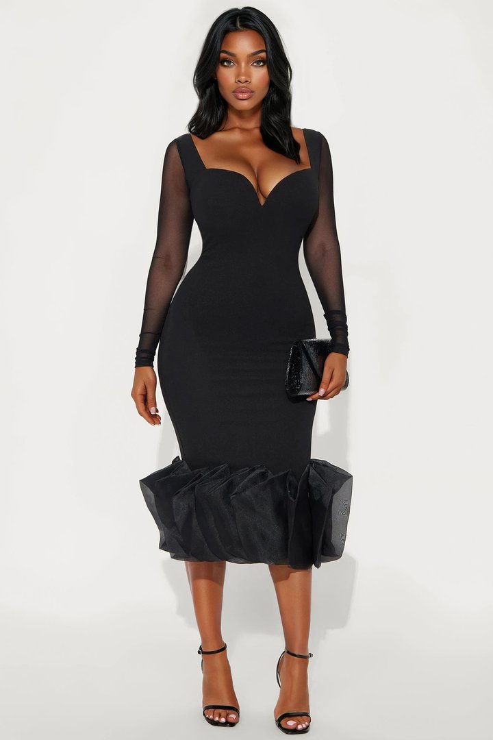 Monte Carlo Nights Long Sleeve Midi Dress - Black