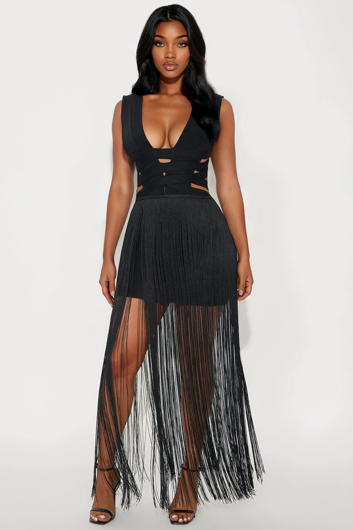 Fiona Fringe Trim Bandage Mini Dress - Black