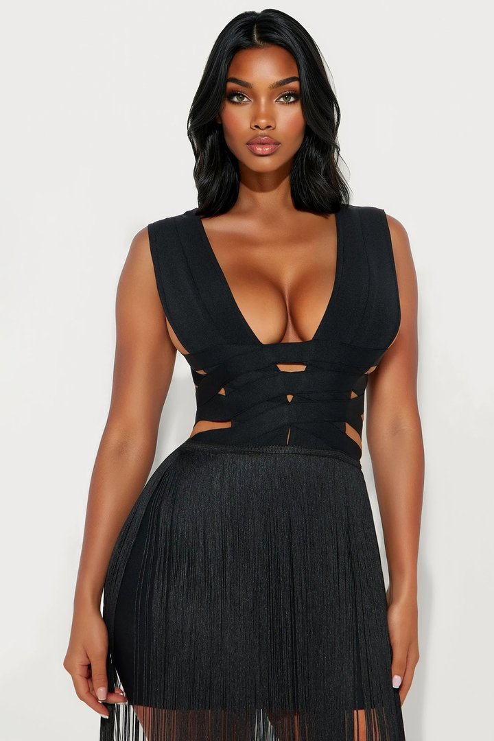 Fiona Fringe Trim Bandage Mini Dress - Black