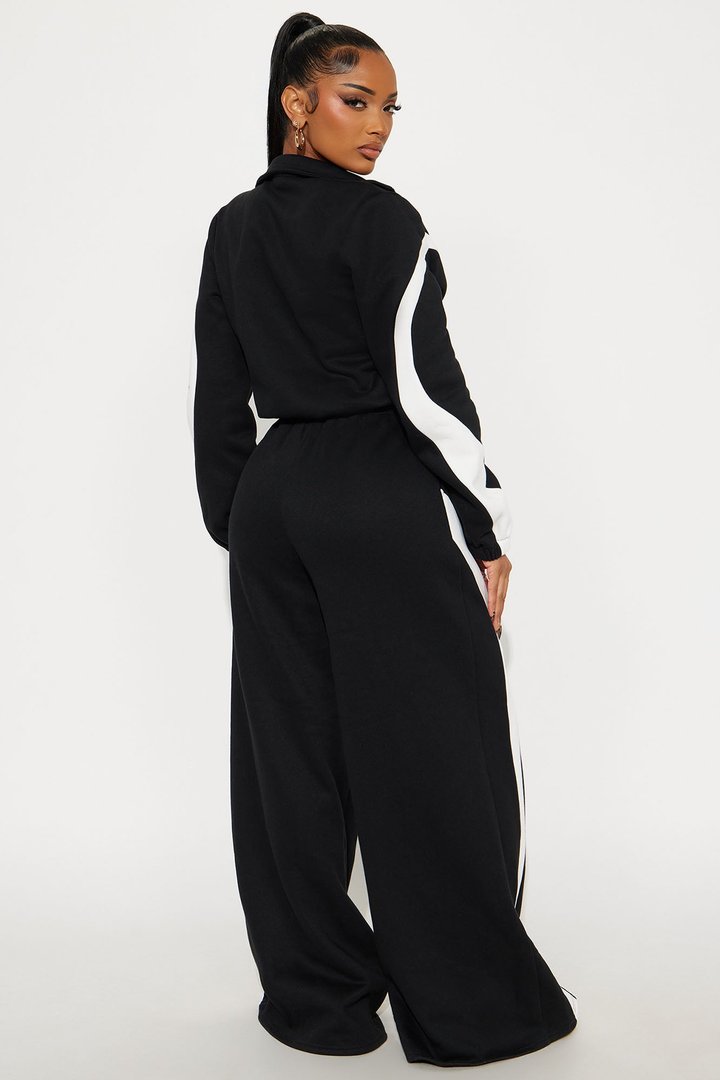 Feel It Out Fleece Wide Leg Jumpsuit - Black/White