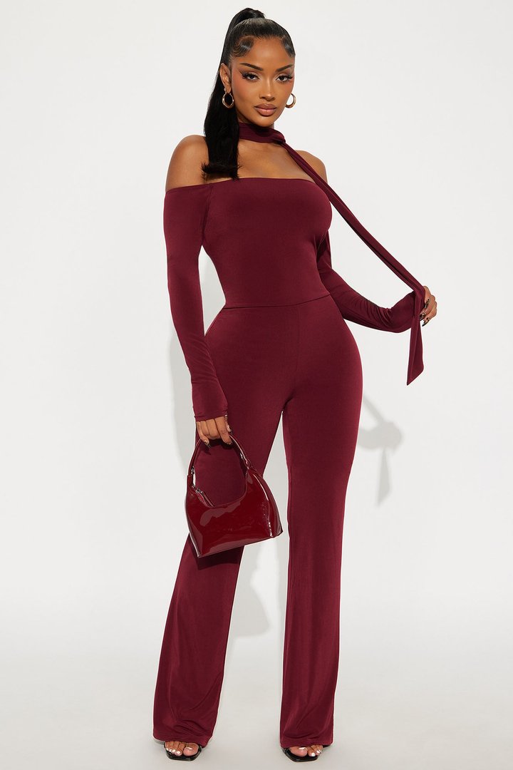 Mirella 2 Piece Off Shoulder Scarf Jumpsuit - Burgundy