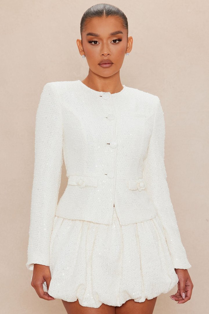 Monica Embellished Tweed Skirt Set - Cream