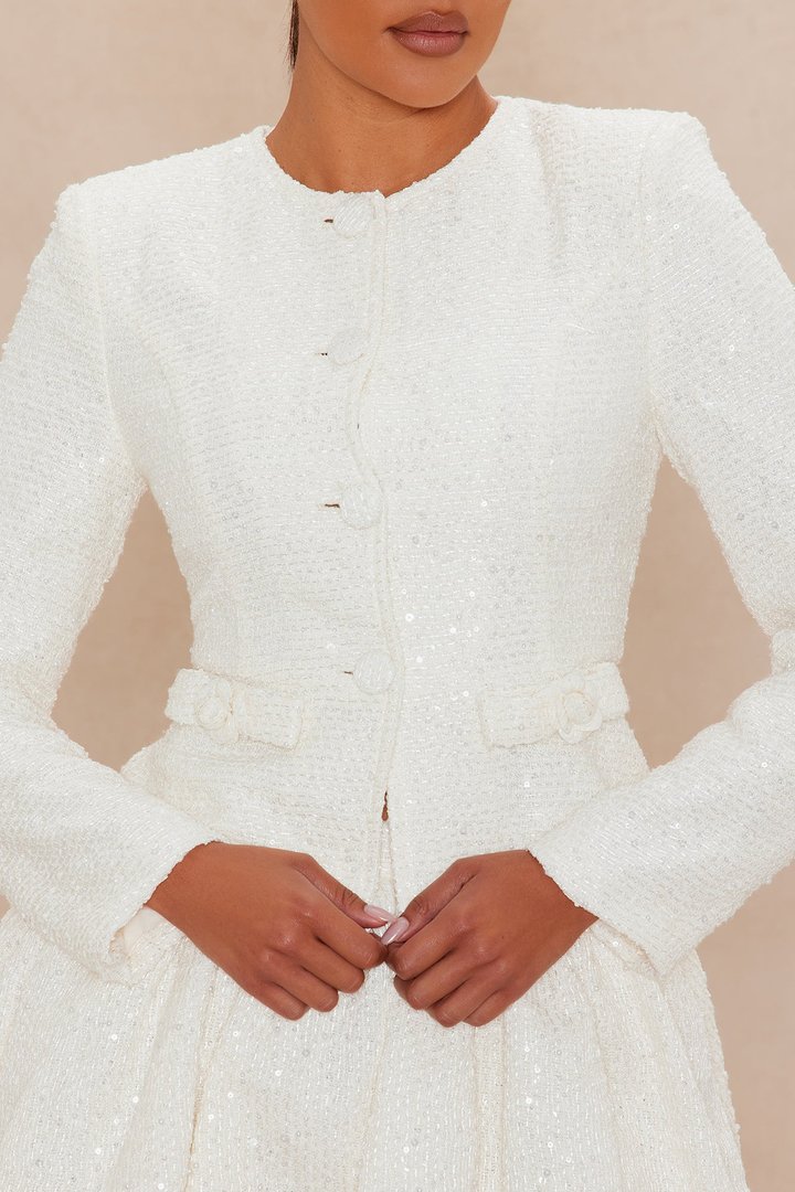 Monica Embellished Tweed Skirt Set - Cream