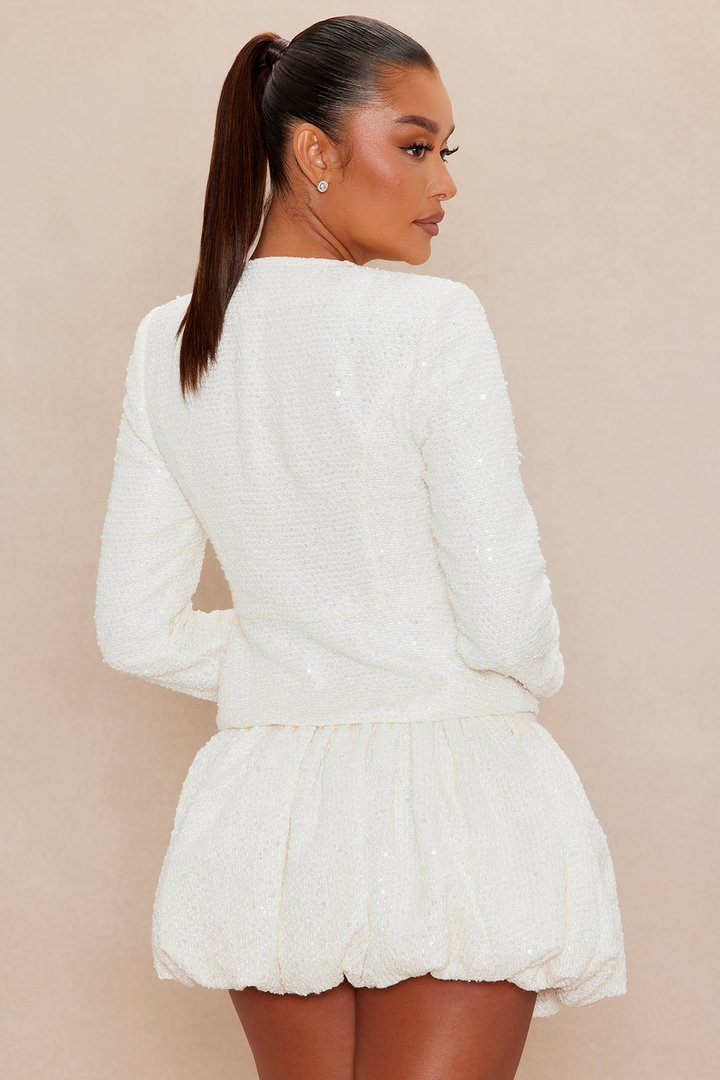 Monica Embellished Tweed Skirt Set - Cream