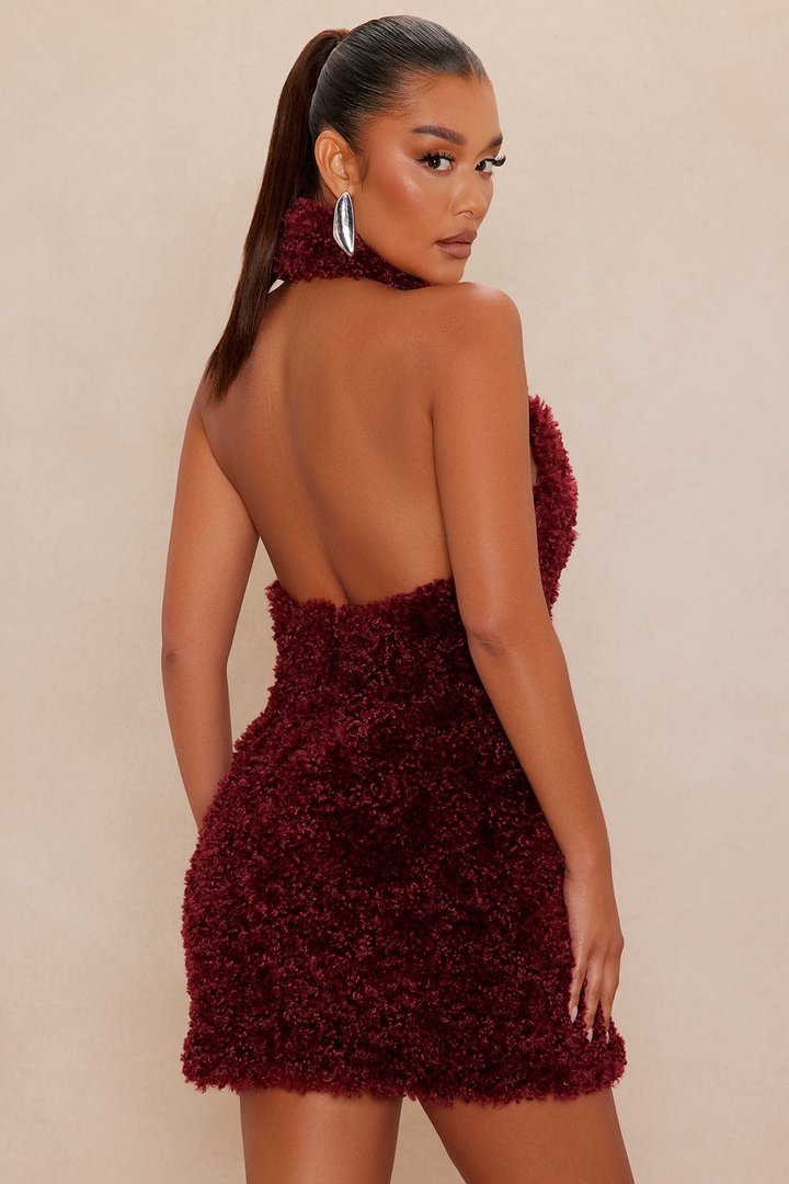 Arden Sherpa Fur Halter Mini Dress - Burgundy