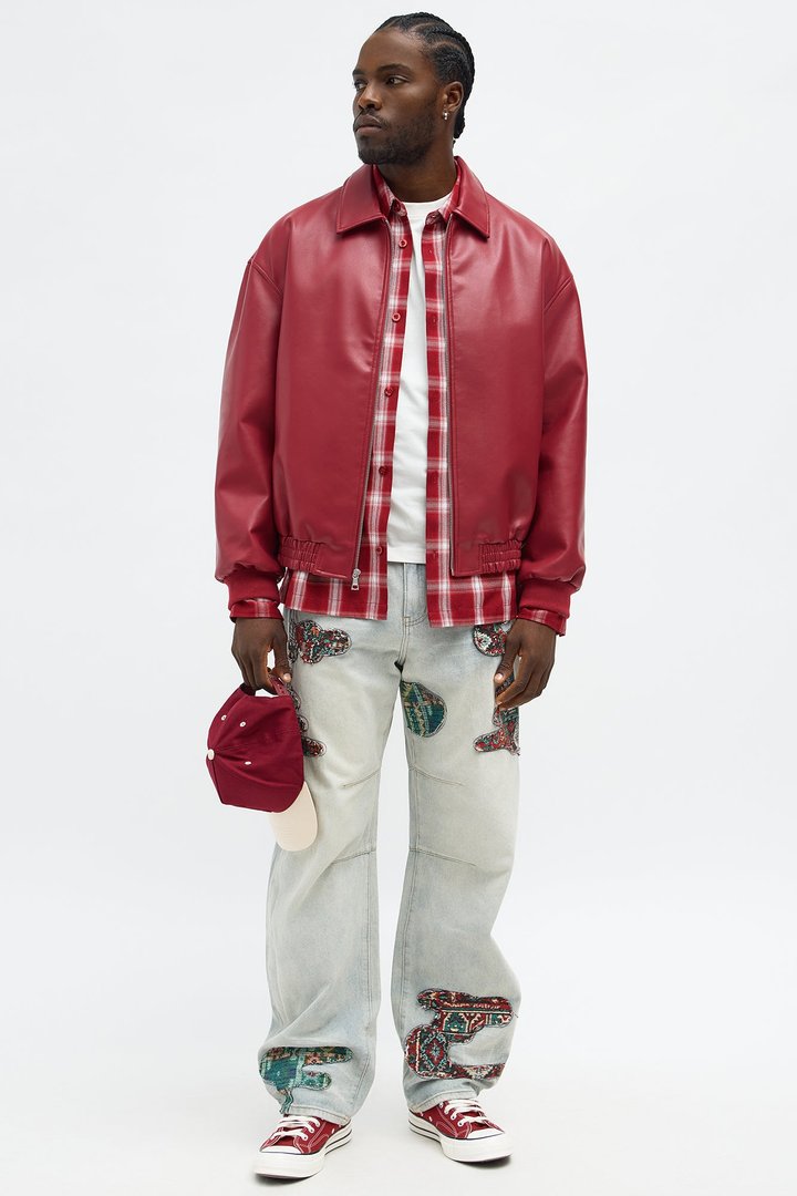 Faux Leather Work Jacket - Red