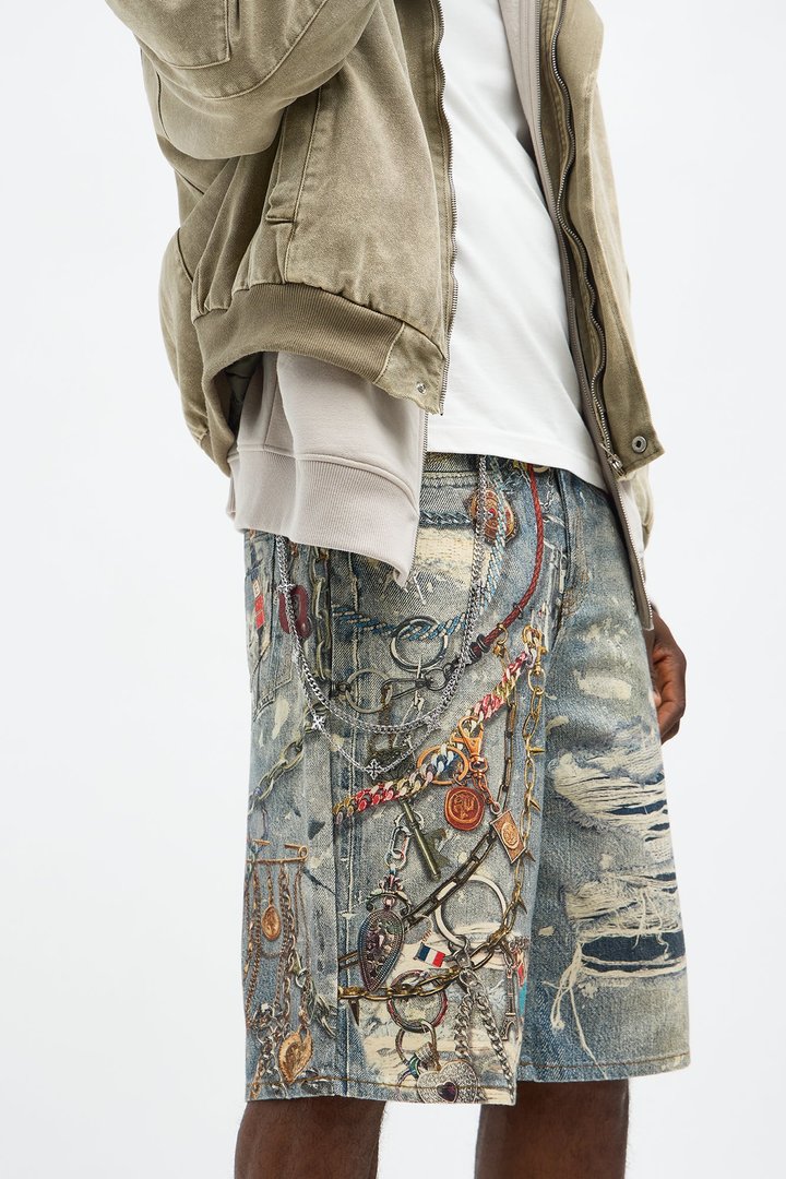 Relaxed Chain Distressed Printed Denim Short - Light Wash