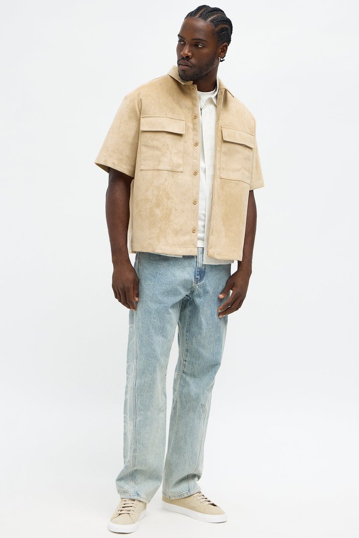 Relaxed Brushed Double Pocket Button Up Shirt - Tan