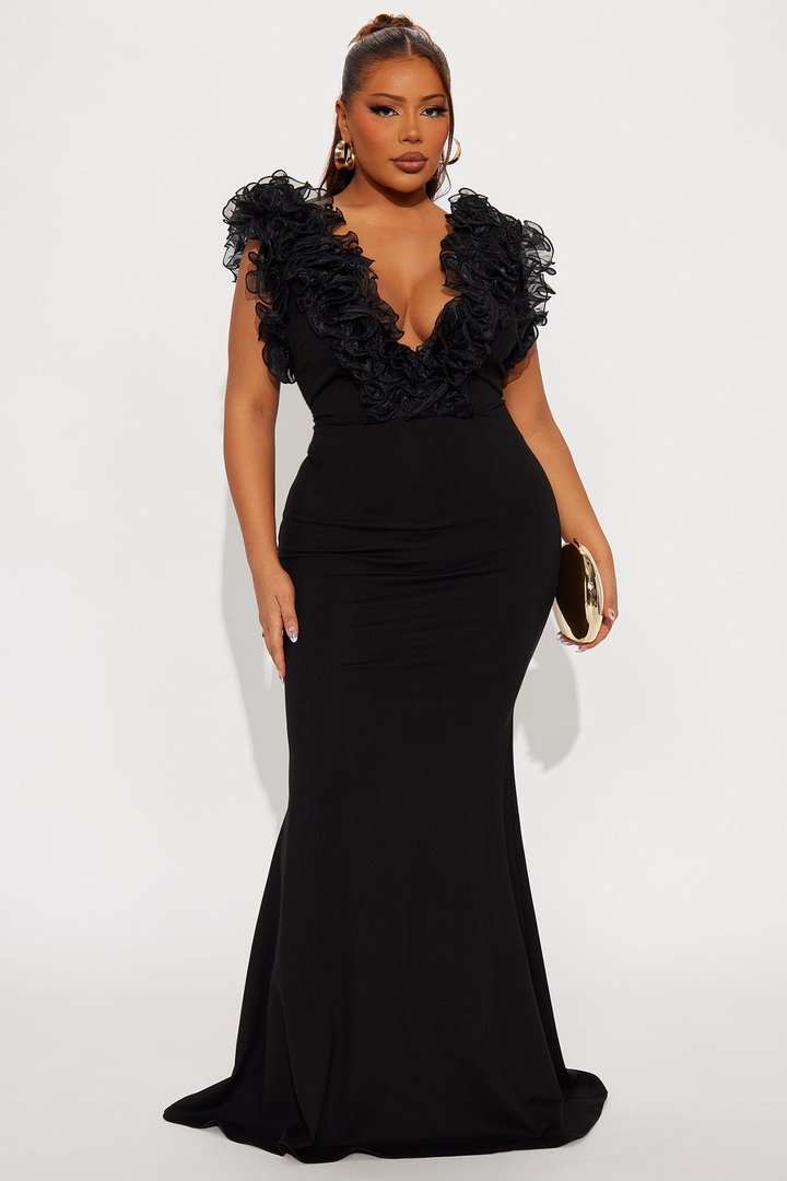 Like To Show Ruffle Maxi Gown - Black