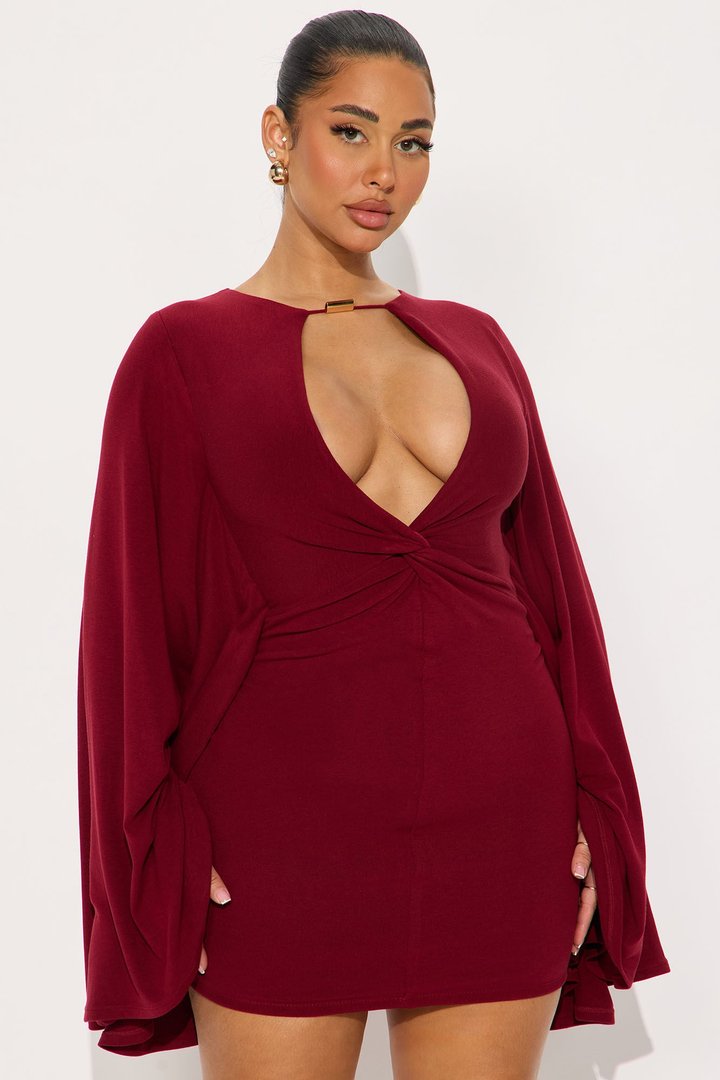 Masked Beauty Cape Sleeve Mini Dress - Burgundy