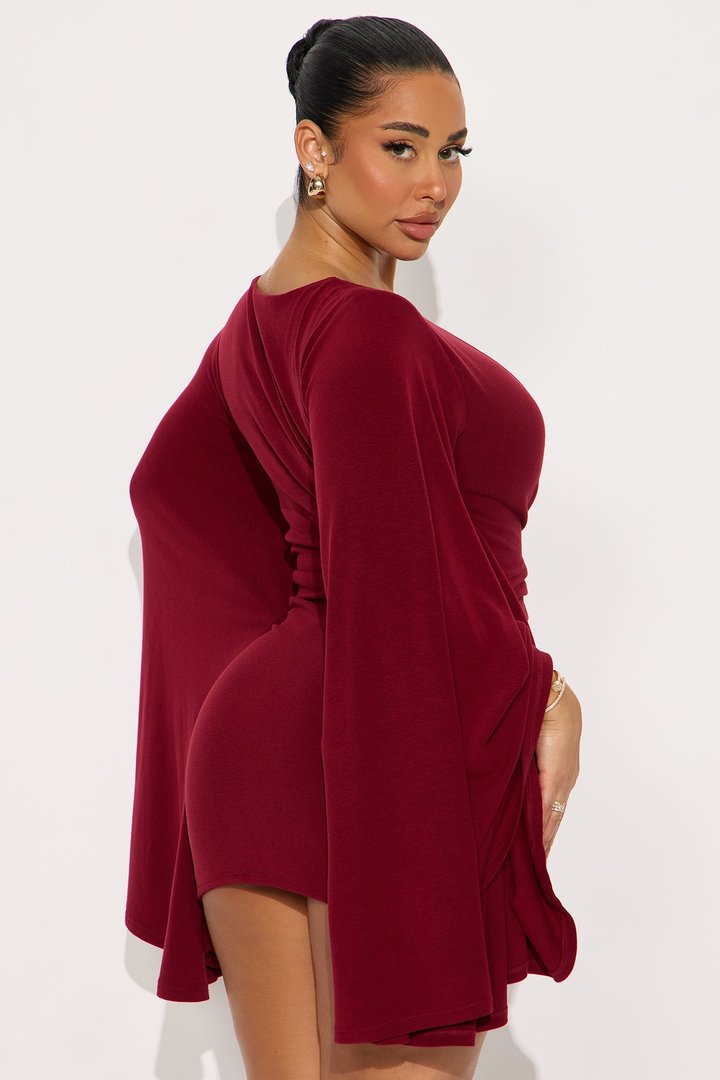 Masked Beauty Cape Sleeve Mini Dress - Burgundy