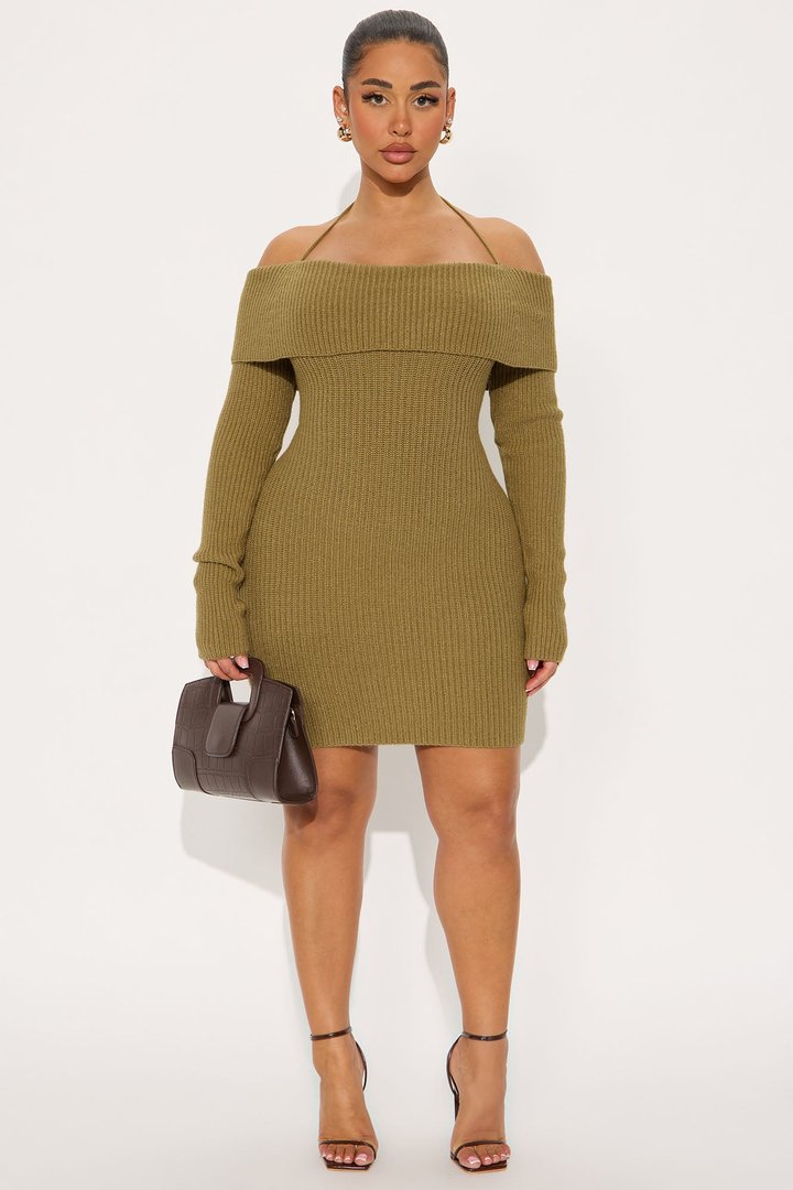 Hannah Open Back Sweater Mini Dress - Olive