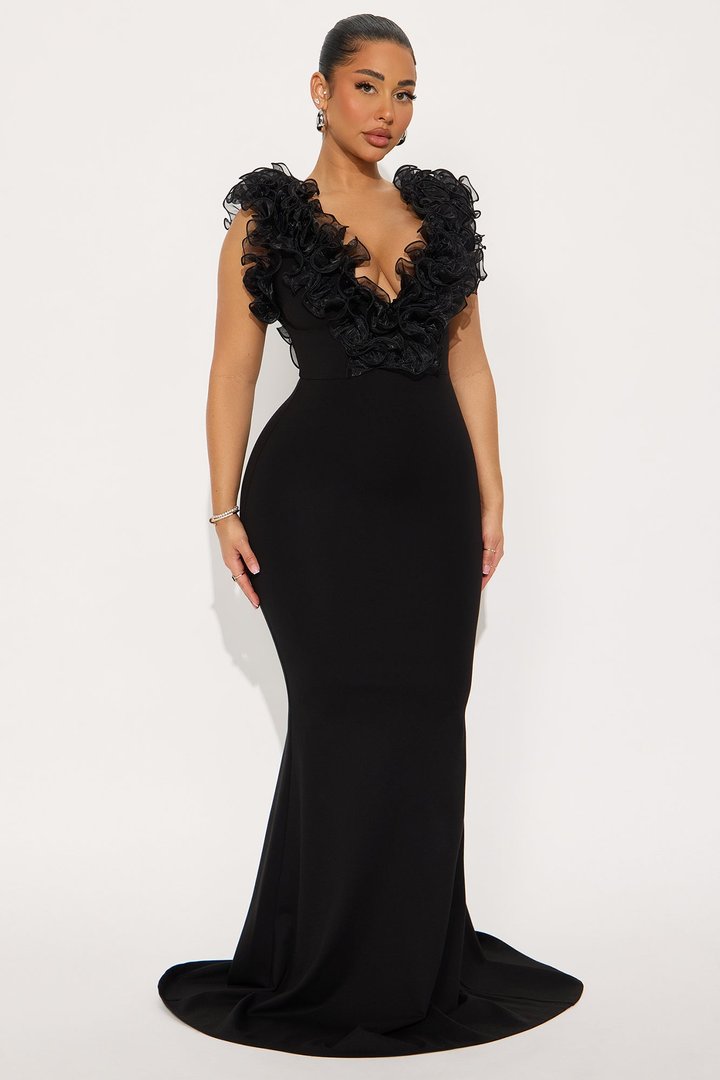 Like To Show Ruffle Maxi Gown - Black