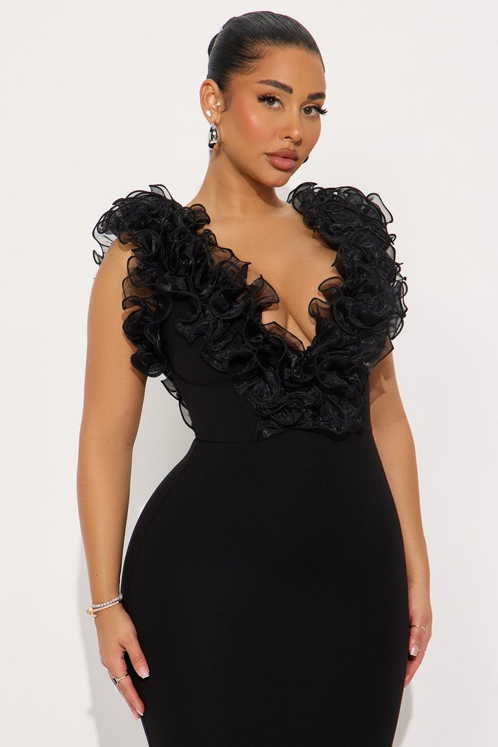 Like To Show Ruffle Maxi Gown - Black