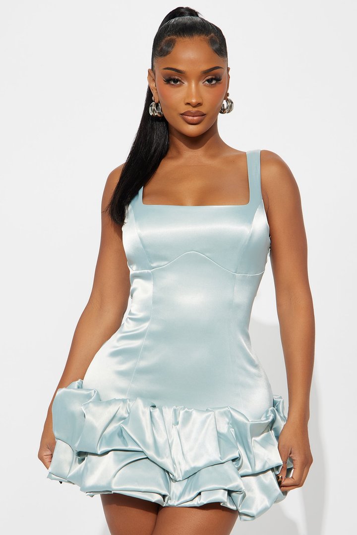 Sienna Satin Ruffle Bow Mini Dress - Blue