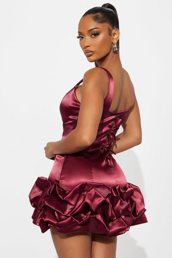 Sienna Satin Ruffle Bow Mini Dress - Wine