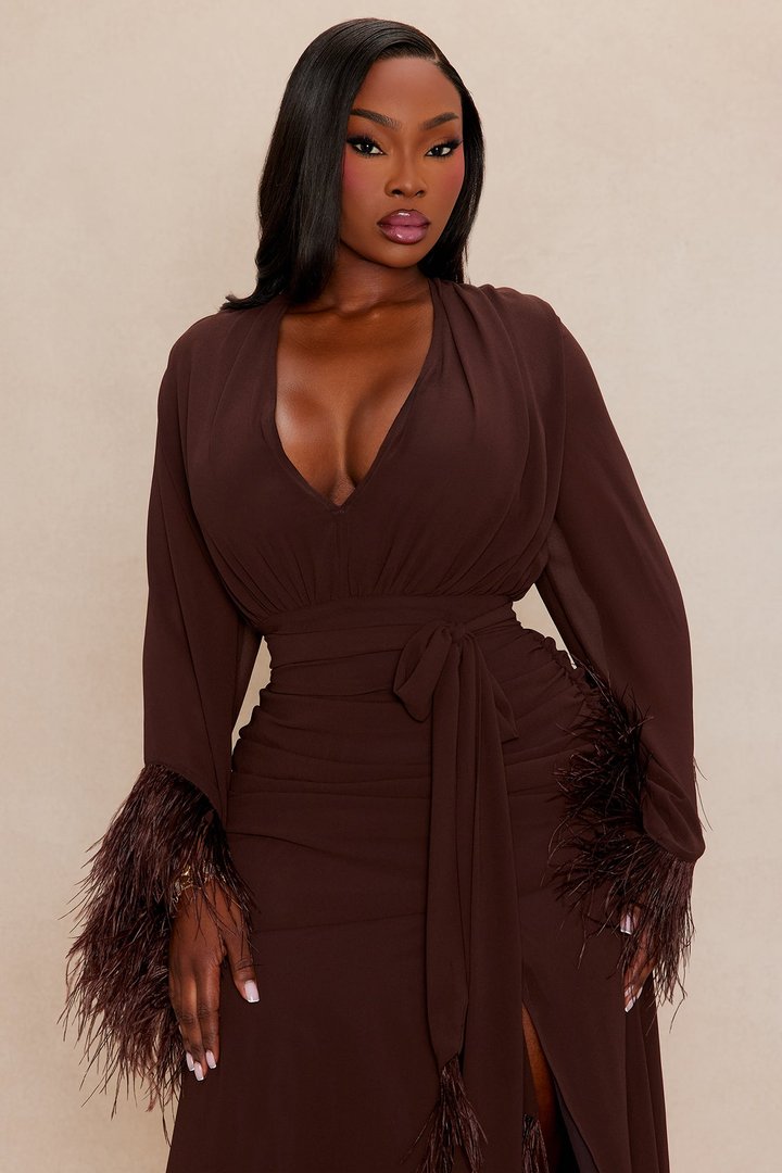 Daisey Feathered Chiffon Maxi Dress - Chocolate