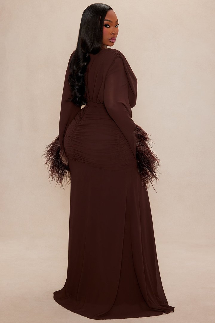 Daisey Feathered Chiffon Maxi Dress - Chocolate
