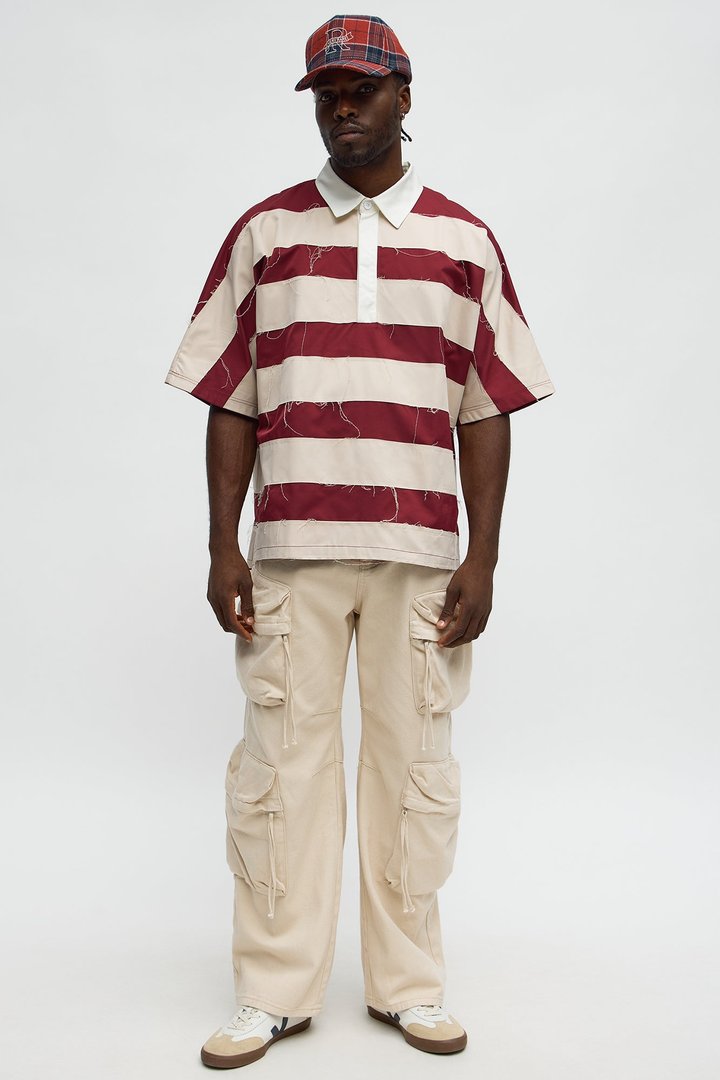 Oversized Frayed Polo Shirt - Multi Color