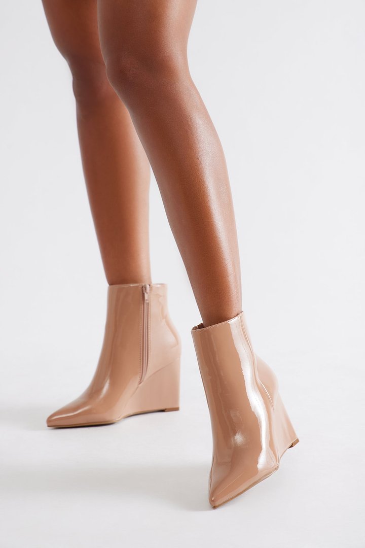 Ricki Faux Patent Wedge Booties - Natural