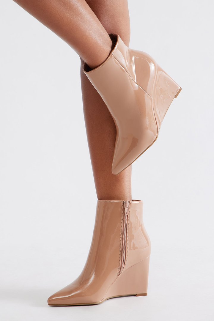 Ricki Faux Patent Wedge Booties - Natural