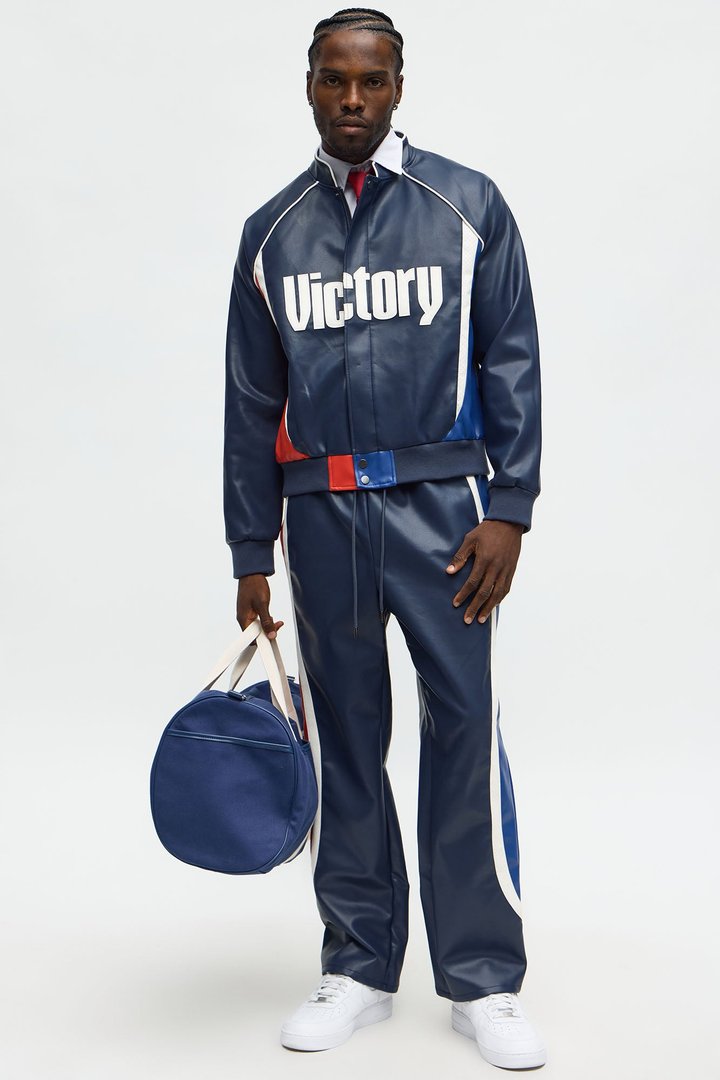 King Faux Leather Moto Bomber Jacket - Navy/combo