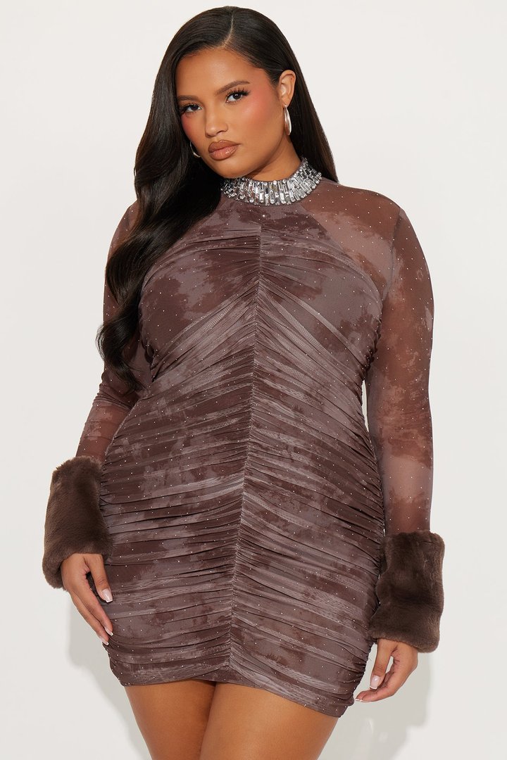 Bodied That Rhinestone Mesh Mini Dress - Brown
