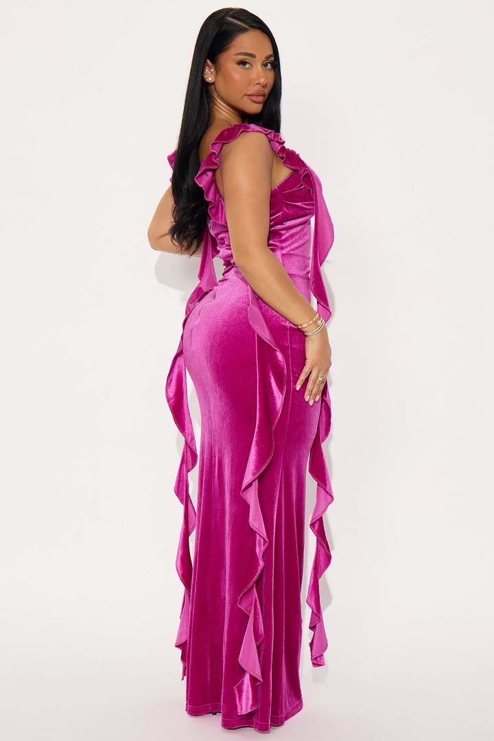 Mayli Ruffle Velvet Gown - Magenta