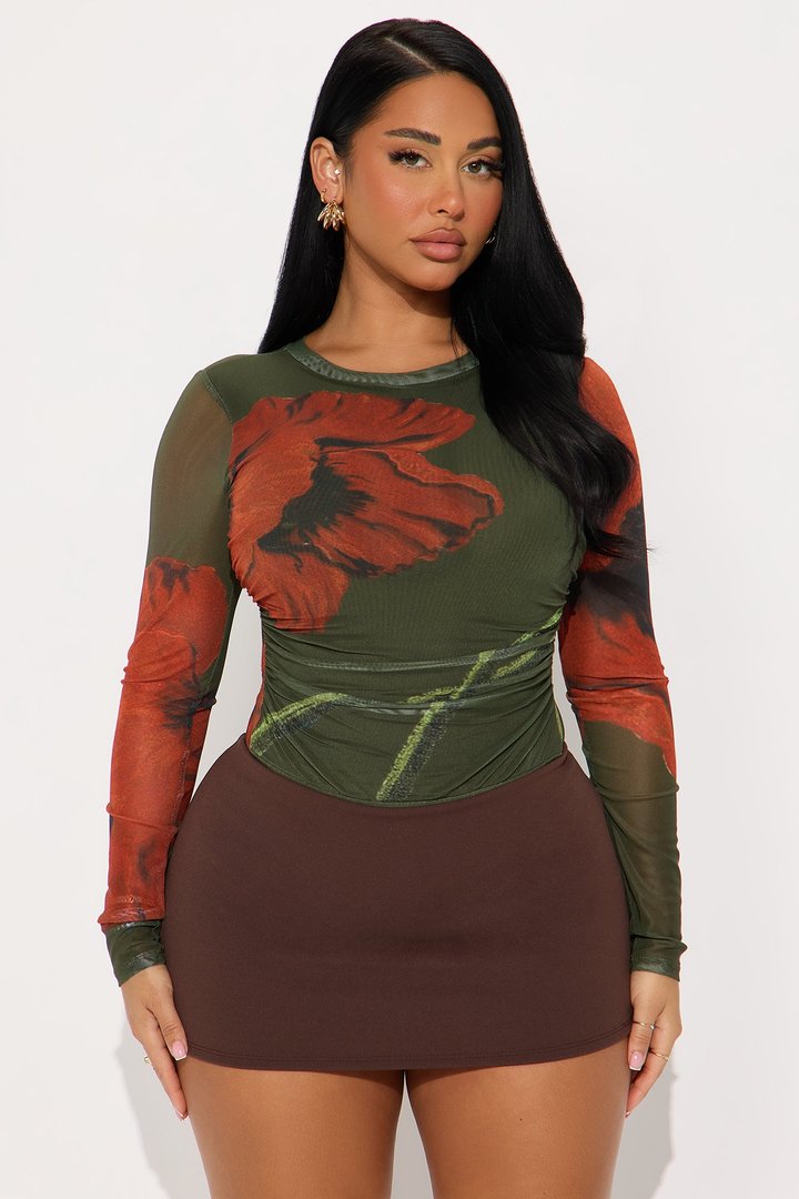 Doreen Floral Long Sleeve Mesh Bodysuit - Green/combo