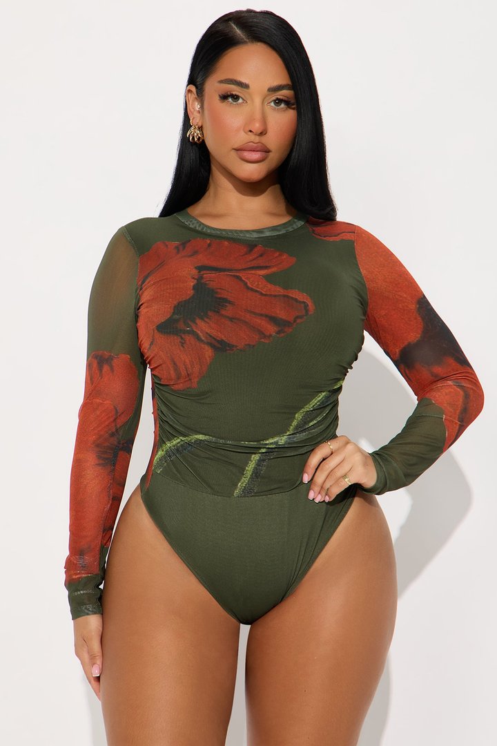 Doreen Floral Long Sleeve Mesh Bodysuit - Green/combo