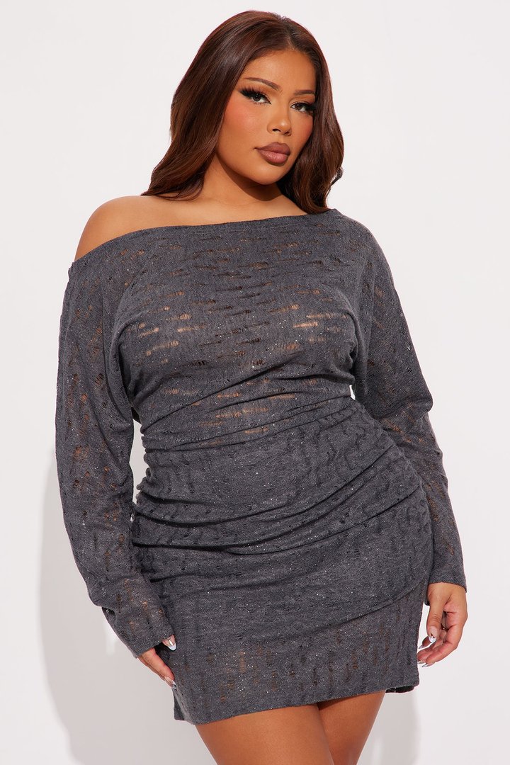 Read My Demeanor Sweater Mini Dress - Charcoal