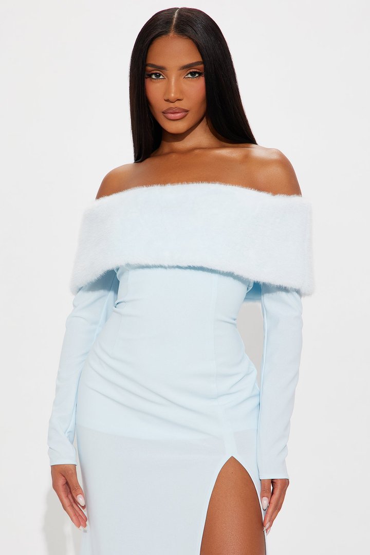 Erin Off Shoulder Fur Maxi Dress - Light Blue