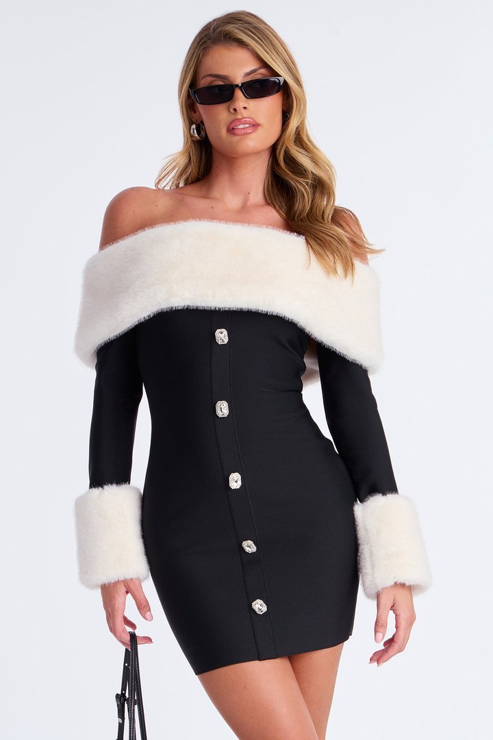 Kyla Fur Bandage Mini Dress - Black/White