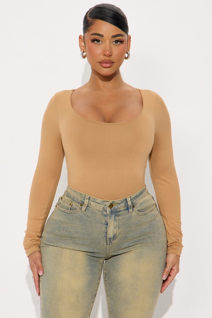 Esme Scoop Neck Double Lined Long Sleeve Bodysuit - Camel
