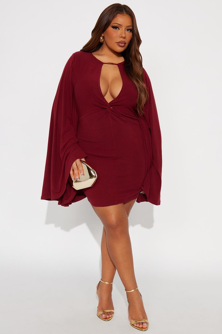 Masked Beauty Cape Sleeve Mini Dress - Burgundy