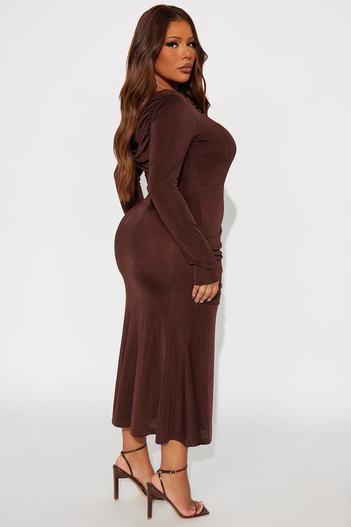 Talk Much Draped Midi Dress - Chocolate