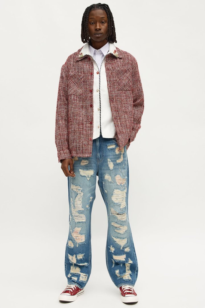 Relaxed Straight Repaired But Destroyed Jean - Medium Blue Wash