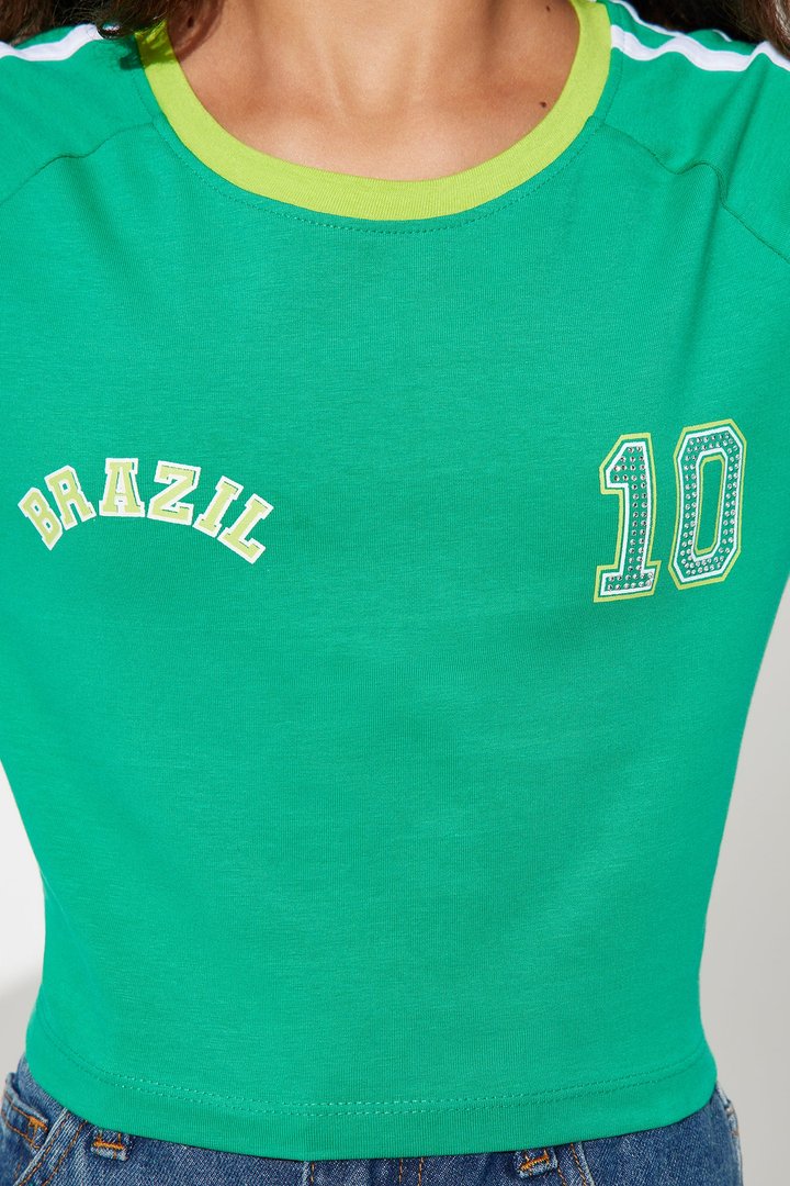 Mini 10 Brazil Green Long Sleeve Rhinestone Tee - Green