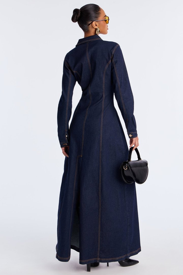 Deandra Long Sleeve Denim Stretch Maxi Dress - Dark Denim