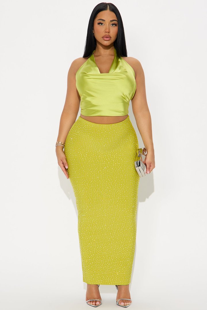 Late To The Party Rhinestone Bandage Maxi Skirt - Chartreuse