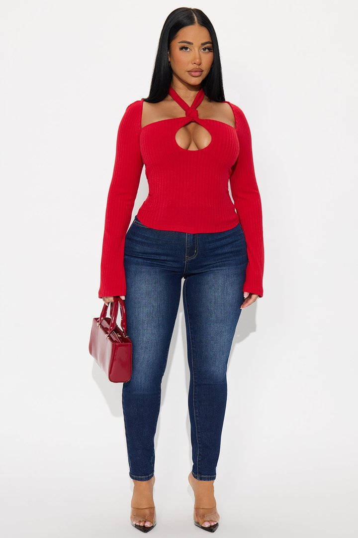 Safina Long Sleeve Ribbed Top - Red