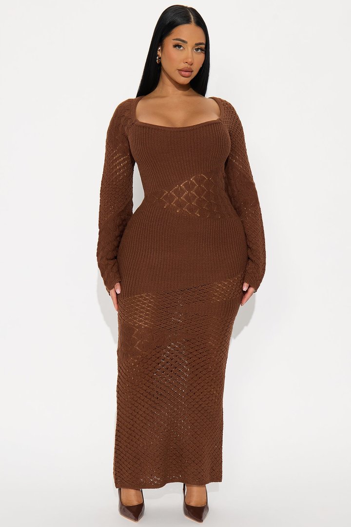 Sophia Long Sleeve Crochet Maxi Dress - Brown