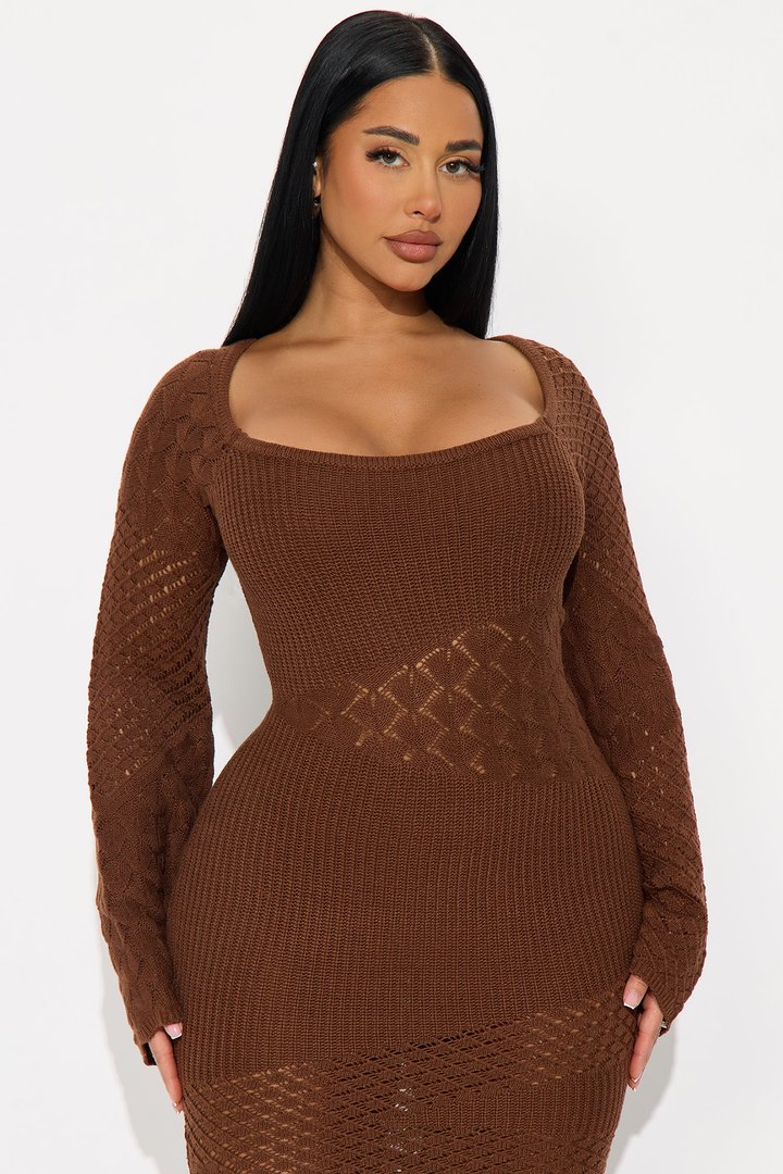 Sophia Long Sleeve Crochet Maxi Dress - Brown