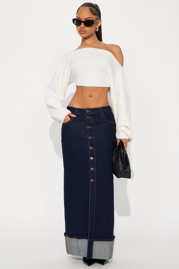 Loulou Mid Rise Denim Cuffed Hem Ankle Maxi Skirt - Rinse Blue Wash