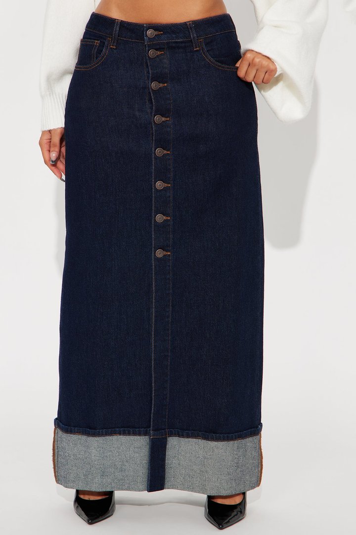 Loulou Mid Rise Denim Cuffed Hem Ankle Maxi Skirt - Rinse Blue Wash