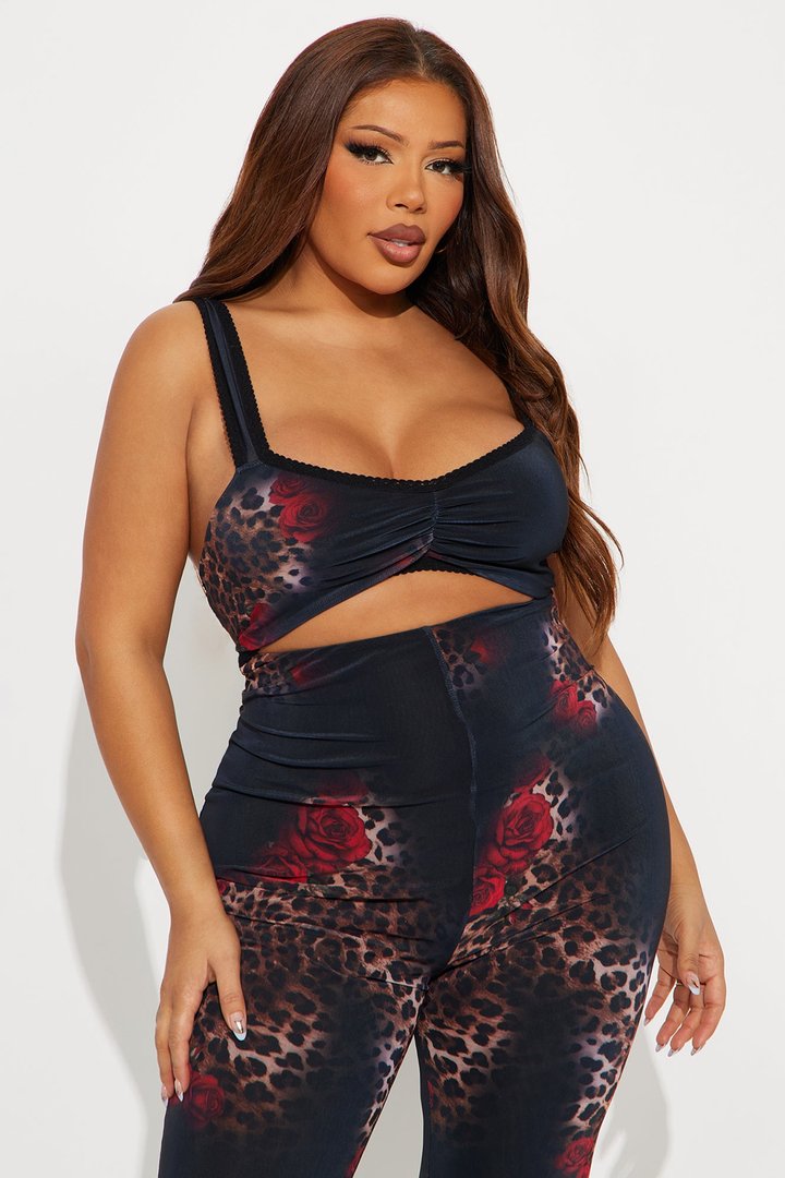 Eclipse Heat Leopard Mesh Flare Leg Jumpsuit - Black/combo