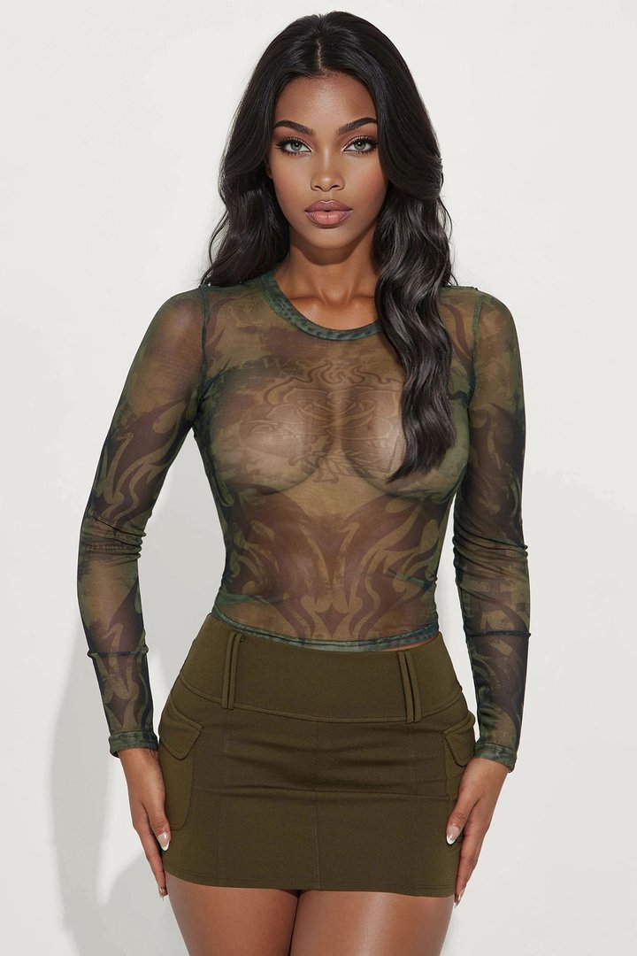 In Flames Mesh Long Sleeve Top - Olive