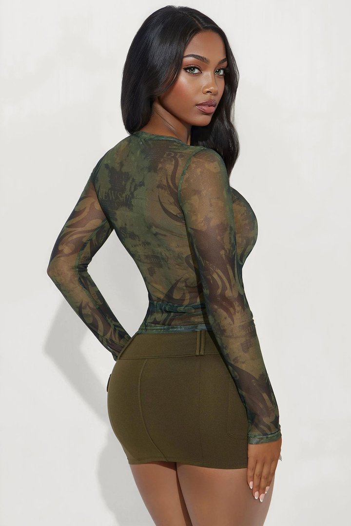In Flames Mesh Long Sleeve Top - Olive