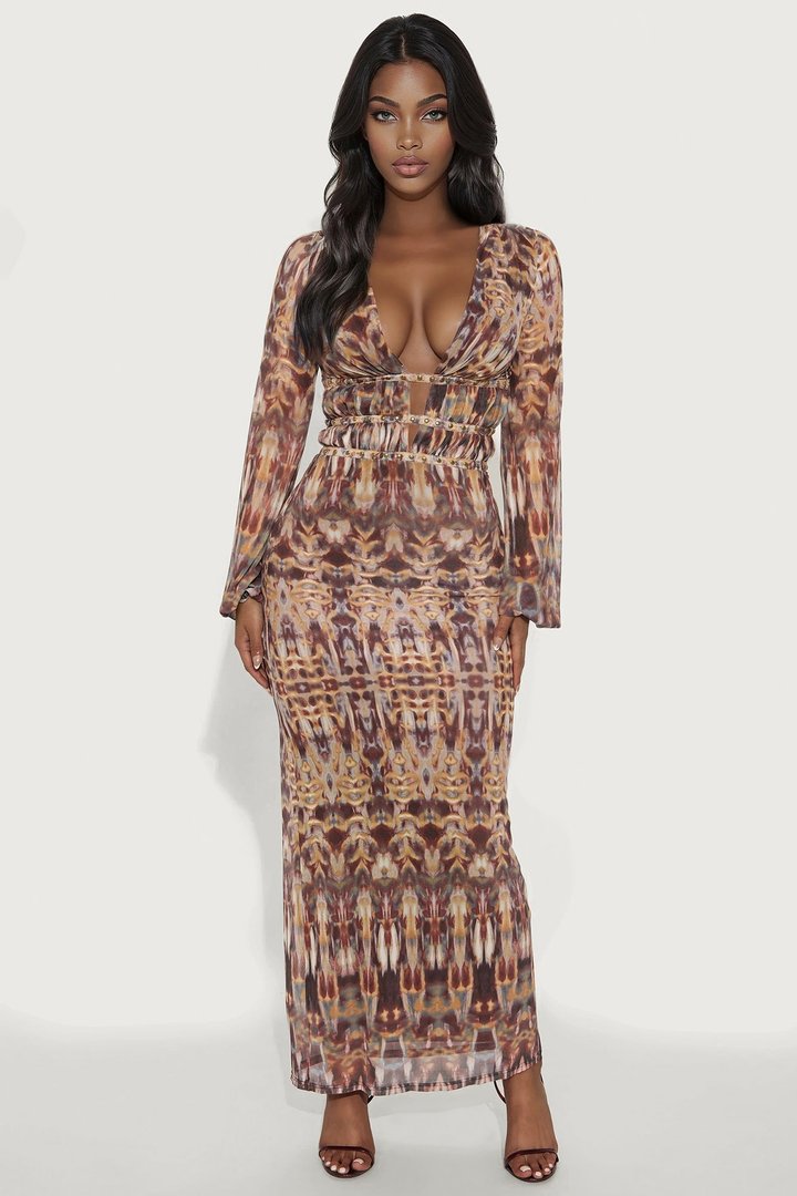Raquel Mesh Maxi Dress - Brown/combo